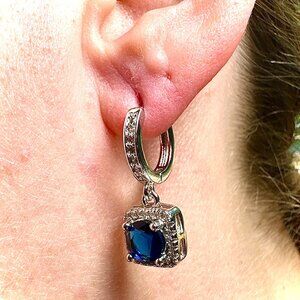 Blue CZ Drop Hoop Earrings White Gold Plated Stainless Steel Women’s Jewelry